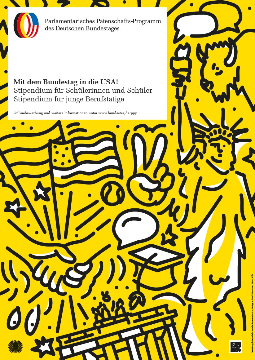 Plakat: Parlamentarisches Patenschafts-Programm - Mit dem Bundestag in die USA! (DIN A 2 auf DIN A 4 gefaltet)